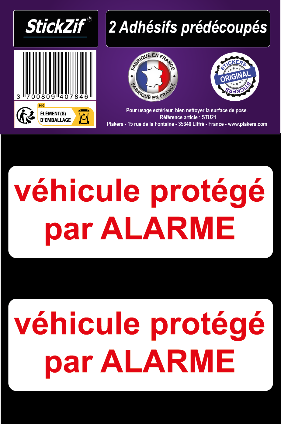 AUTOCOLLANT "VEHICULE PROTEGE PAR ALARME" X 2