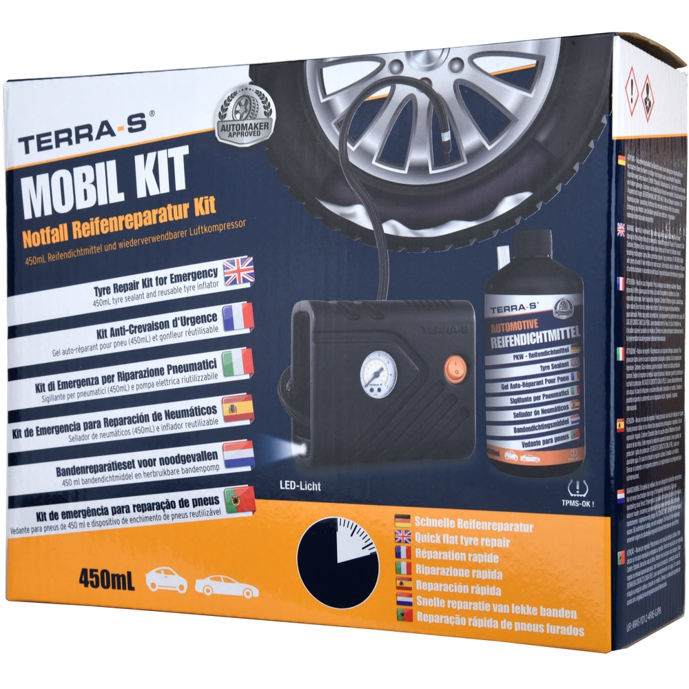 MOBIL KIT ANTI-CREVAISON COMPRESSEUR + BOUTEILLE SOUPLE 450ML TERRA S