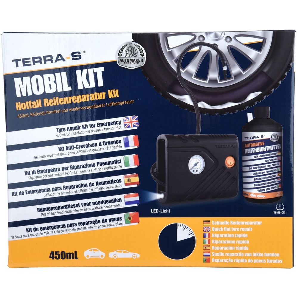 MOBIL KIT ANTI-CREVAISON COMPRESSEUR + BOUTEILLE SOUPLE 450ML TERRA S