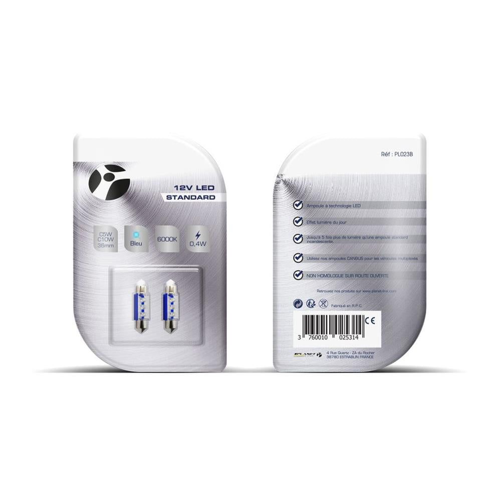 AMPOULES LED X 2 NAVETTE C5W 36MM BLEU 12V 0,40W