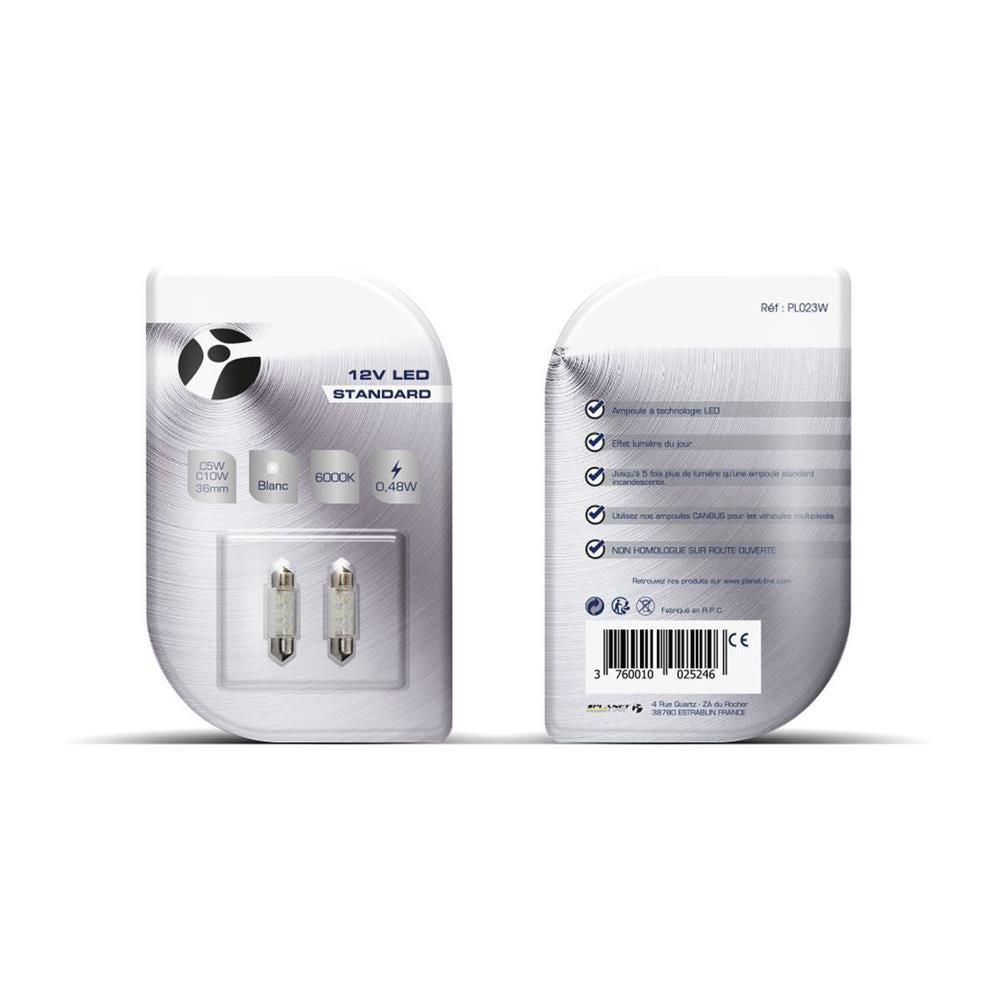 AMPOULES LED X 2 NAVETTE C5W 36MM BLANC 12V 0,48W
