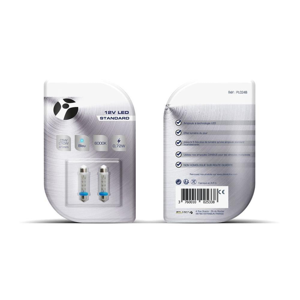 AMPOULES LED X 2 NAVETTE C5W 41MM BLEU 12V 0,72W