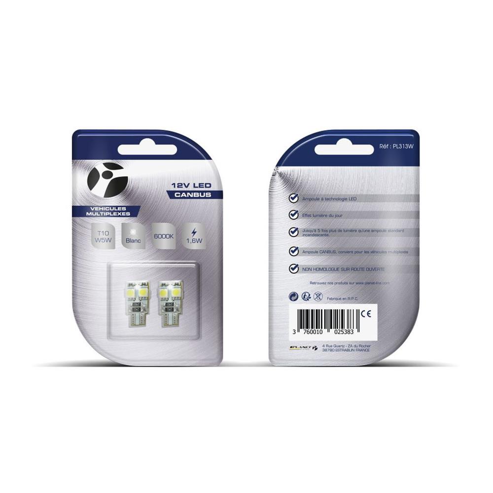 AMPOULES LED X 2 T10 W5W 4LED SMD5050 CANBUS BLANC 12V 1,6W