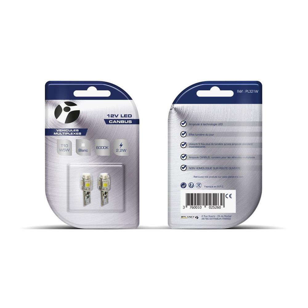AMPOULES LED X 2 T10 W5W 5LED SMD3528 CANBUS BLANC 12V 2,20W