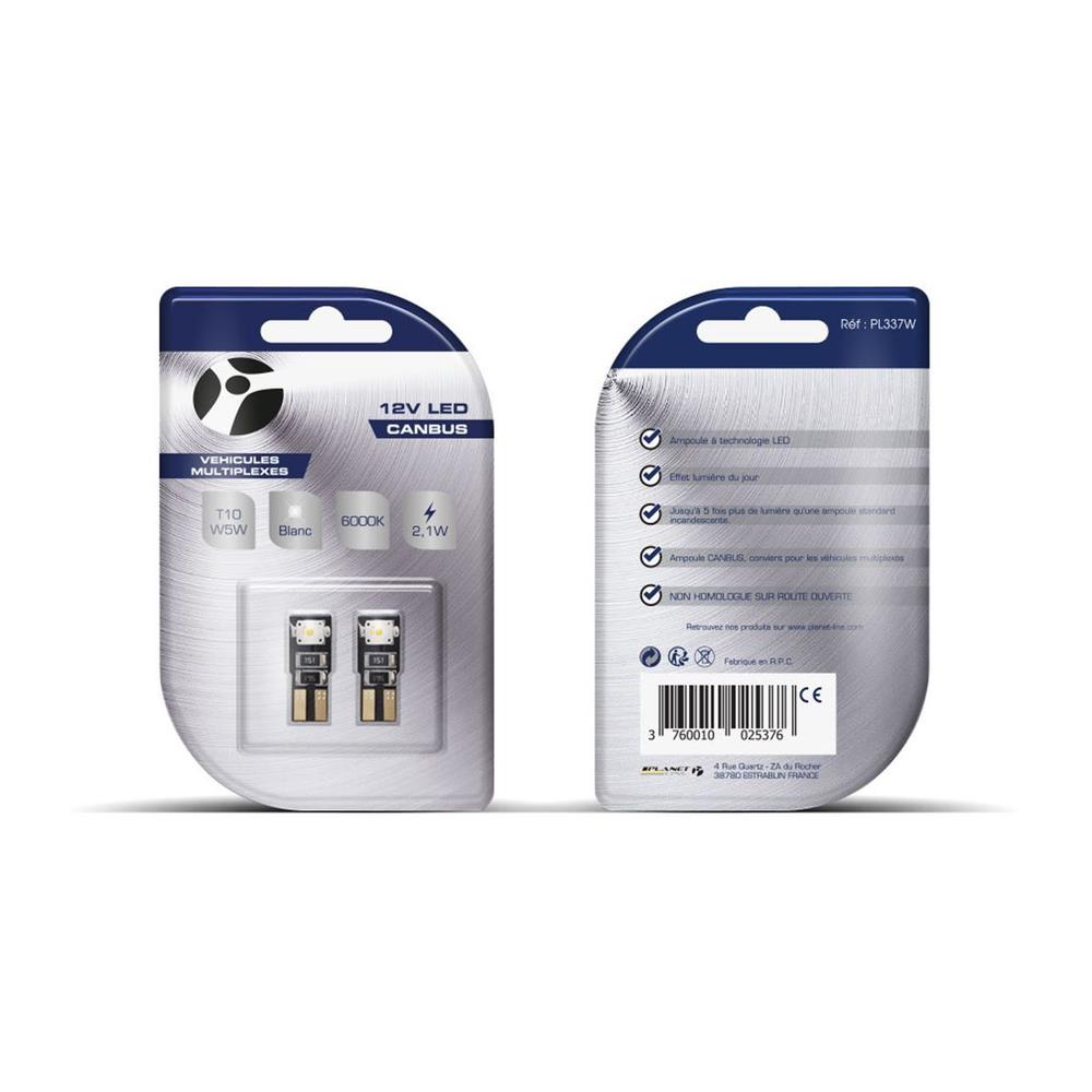 AMPOULES LED X 2 T10 W5W 2LED SMD CANBUS BLANC 12V 2,1W