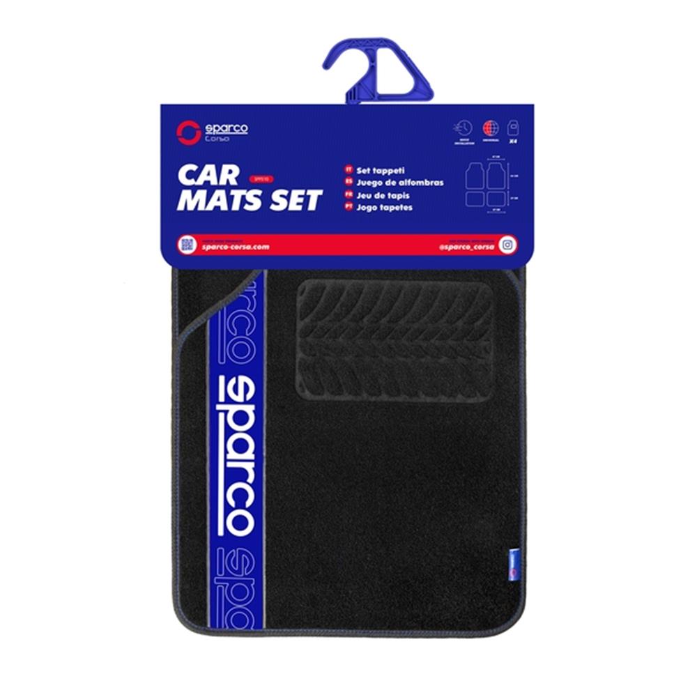 JEU DE 4 TAPIS TISSU SPARCO NOIR AVEC LISERE BLEU