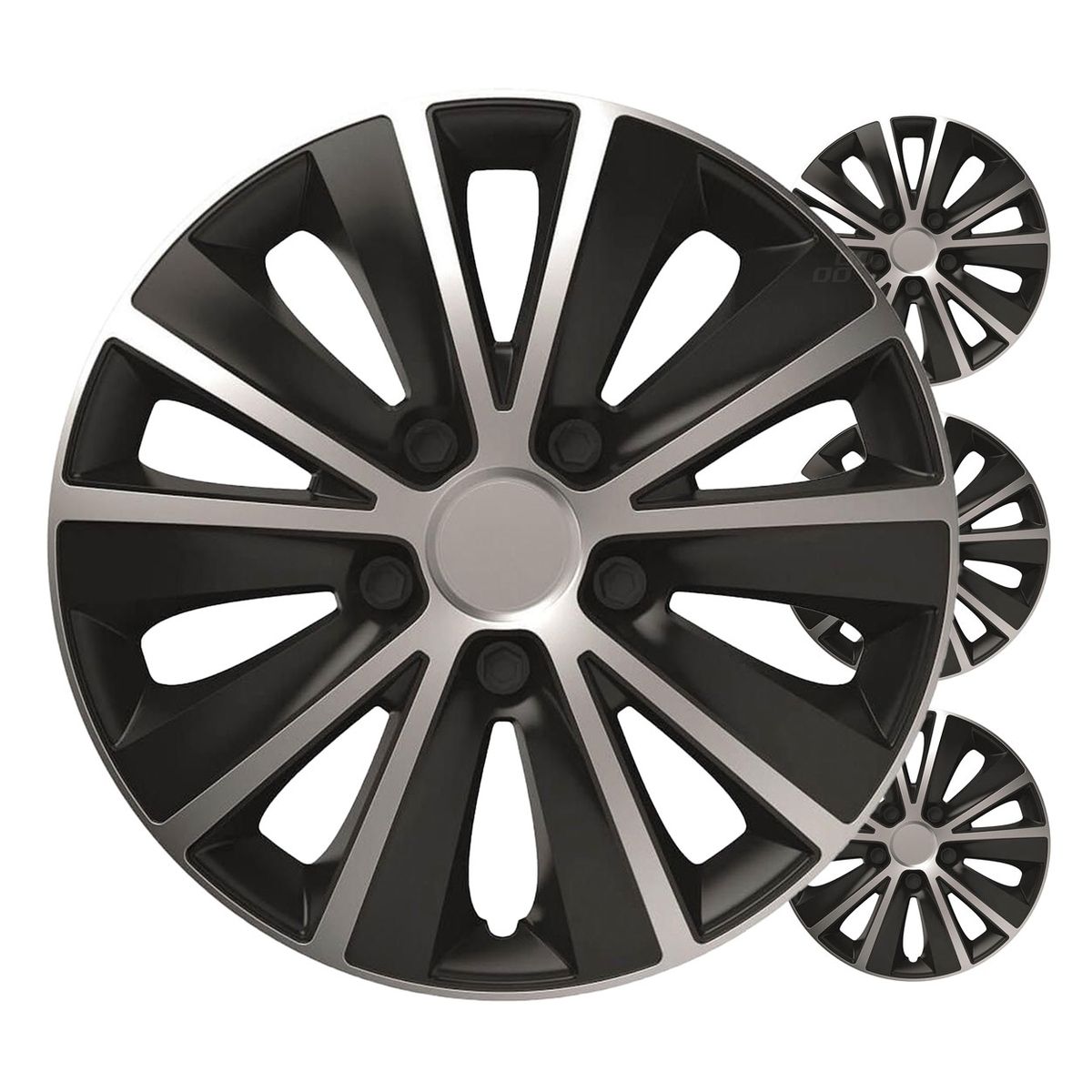 ENJOLIVEURS DE VOITURE 4PCS SET RAPIDE NOIR ET ARGENT 14" COLOR BOX