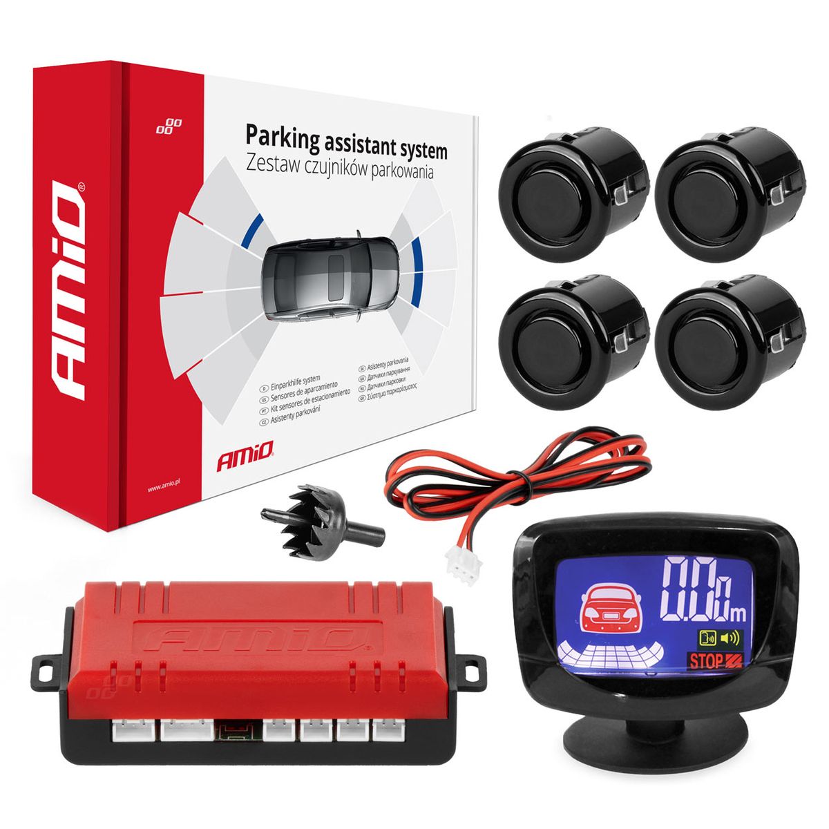 RADAR DE RECUL 4 CAPTEURS NOIRS 18MM + ECRAN LED 3D PREMIUM AMIO