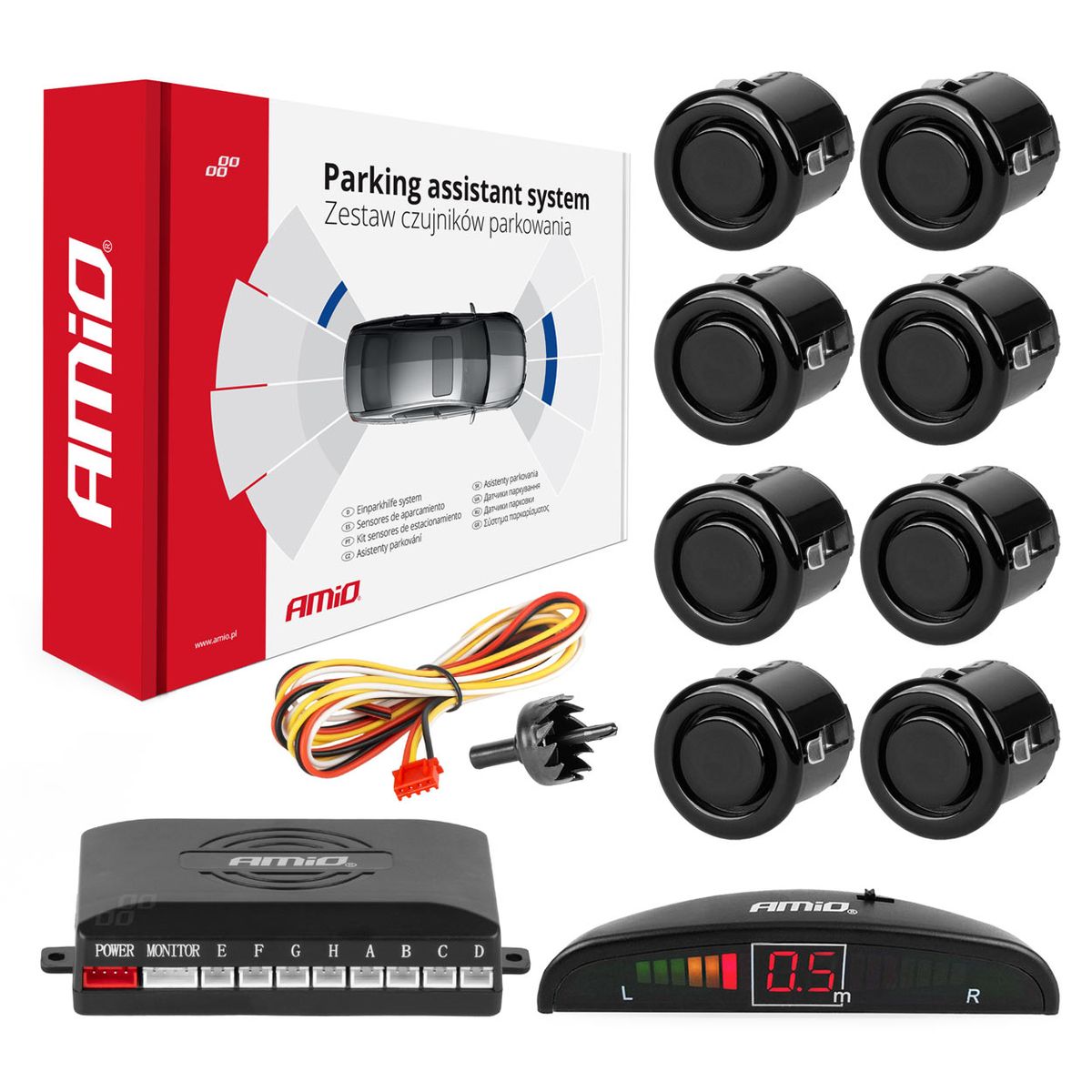 RADAR DE RECUL 8 CAPTEURS NOIRS 18MM + ECRAN LED AMIO