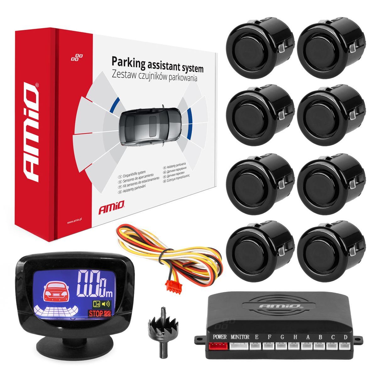 RADAR DE RECUL 8 CAPTEURS NOIRS 18MM + ECRAN LED 3D PREMIUM AMIO