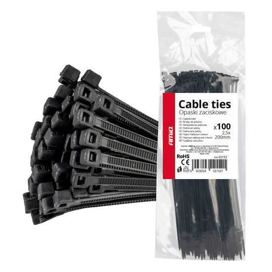 LOT DE 100 COLLIERS DE SERRAGE NOIRS 2,5 × 200 MM AMIO