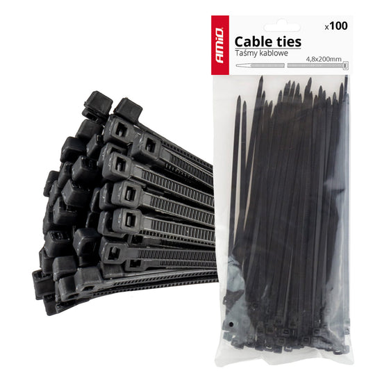 LOT DE 100 COLLIERS DE SERRAGE NOIRS 4,8 × 200 MM AMIO