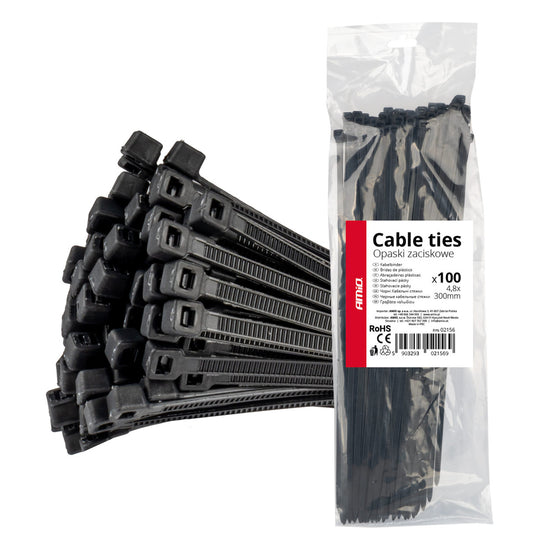 LOT DE 100 COLLIERS DE SERRAGE NOIRS 4,8 × 300 MM AMIO