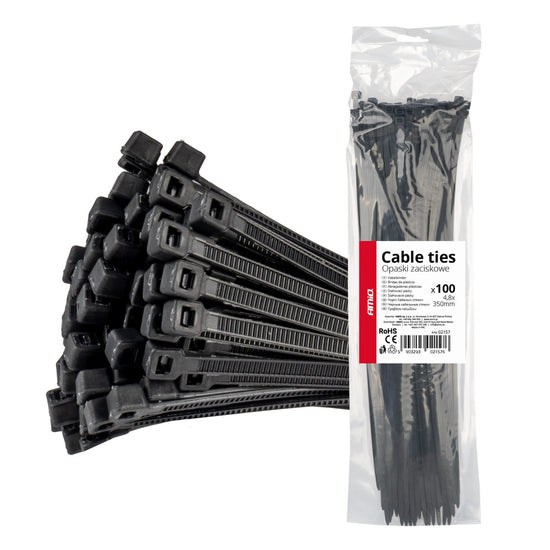 LOT DE 100 COLLIERS DE SERRAGE NOIRS 4,8 × 350 MM AMIO
