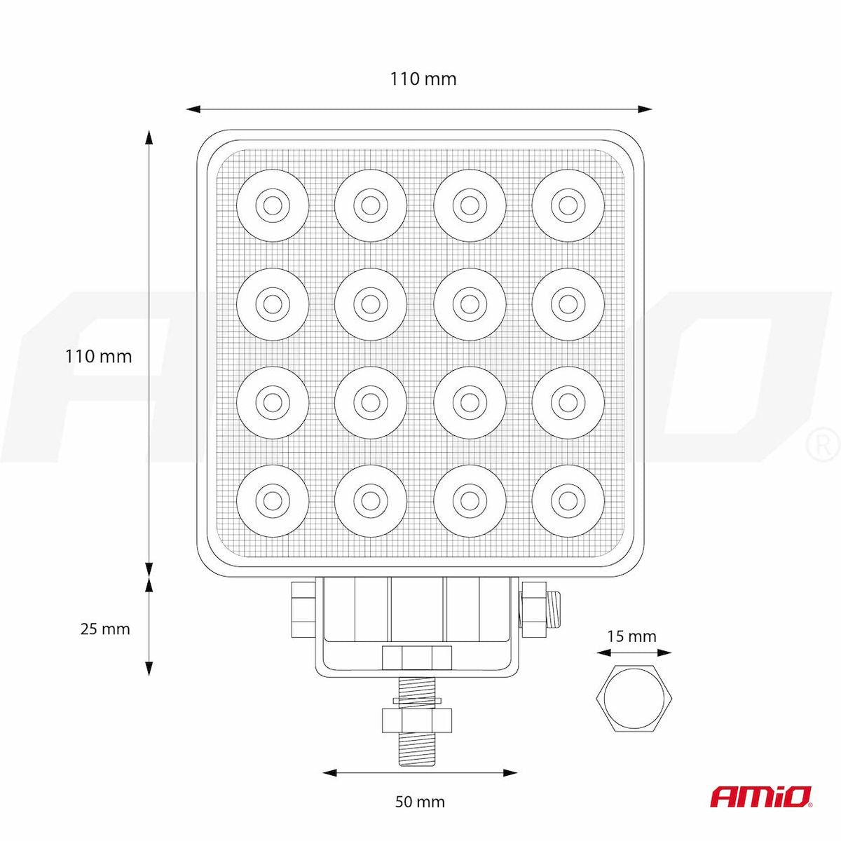AMiO Phare de travail 16 LED 3840 lm, 9 à 36 V, 110 × 110 mm | 02424