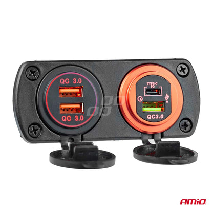CHARGEUR ETANCHE AVEC VOLTMETRE USB + USB-C AMIO
