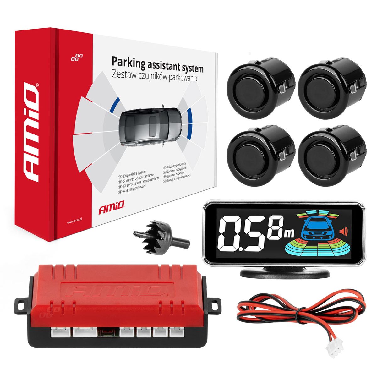 RADAR DE RECUL 4 CAPTEURS NOIRS 18MM + ECRAN LED 3D PREMIUM AMIO