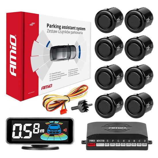 RADAR DE RECUL 8 CAPTEURS NOIRS 18MM + ECRAN LED 3D PREMIUM AMIO