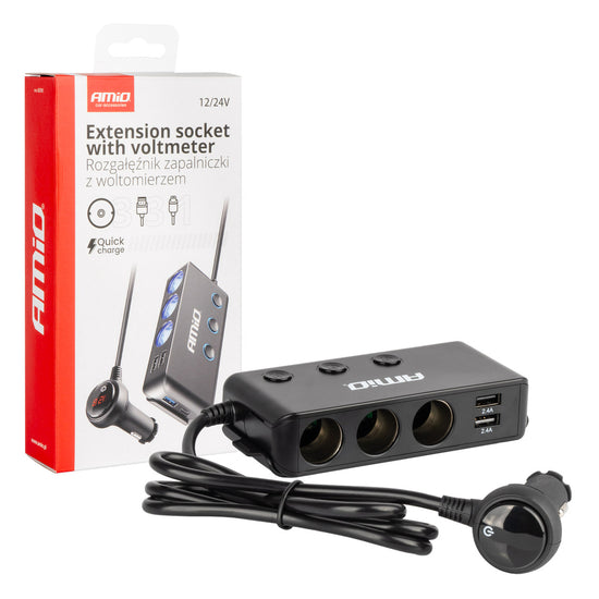 RALLONGE AVEC VOLTMETRE DE PRISE ALLUME-CIGARE TRIPLE + 2XUSB + CHARGE RAPIDE + USB-C AVEC VOLTMÈTRE