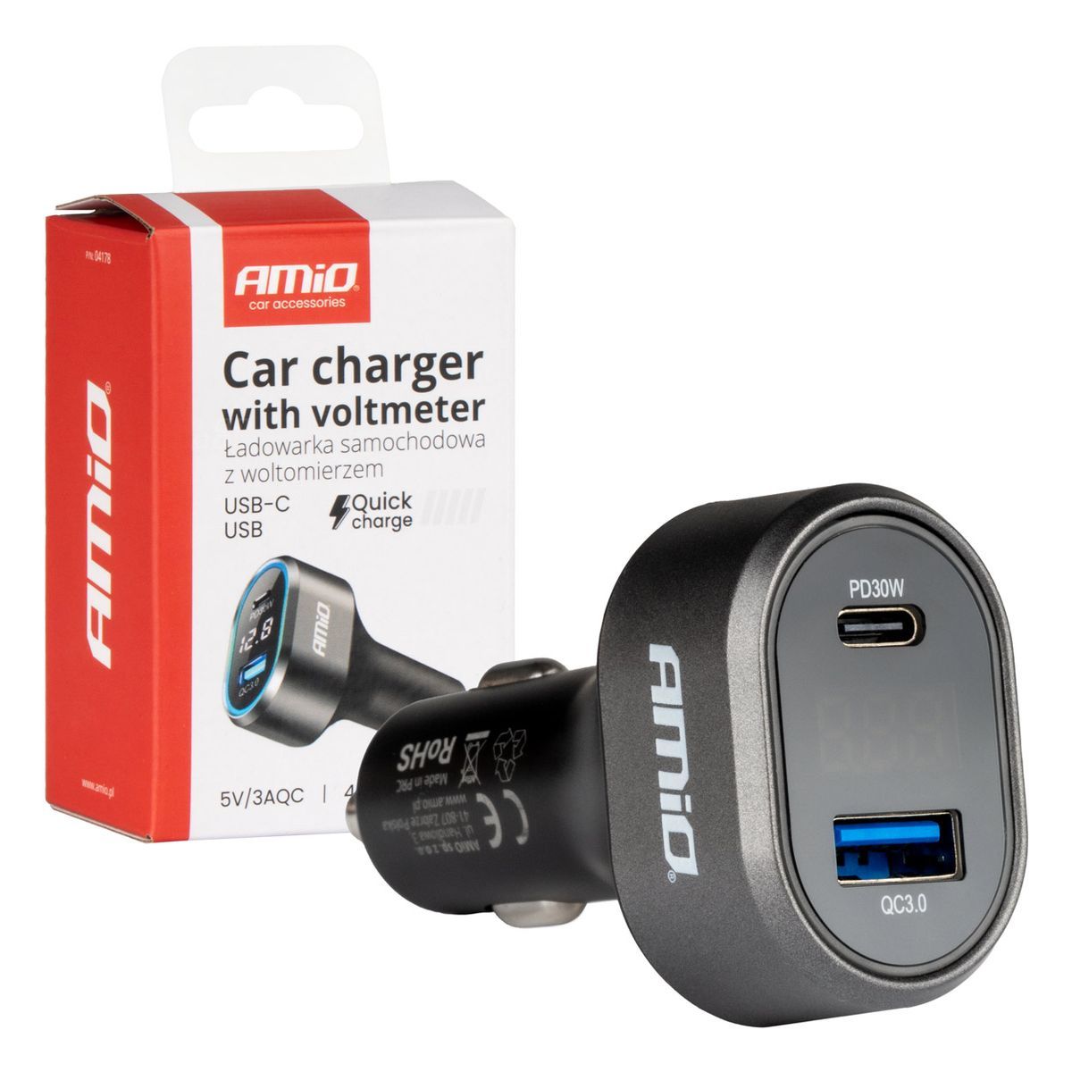 CHARGEUR RAPIDE ALLUME-CIGARE 30W AVEC AFFICHAGE LED VOLTMETRE AMIO