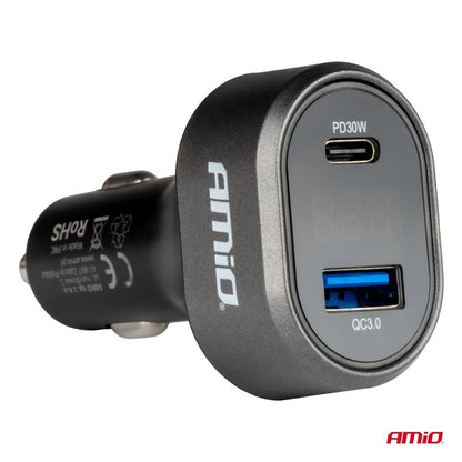 CHARGEUR RAPIDE ALLUME-CIGARE 30W AVEC AFFICHAGE LED VOLTMETRE AMIO