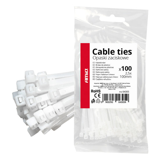 LOT DE 100 COLLIERS DE SERRAGE BLANCS 2,5 × 100 MM AMIO
