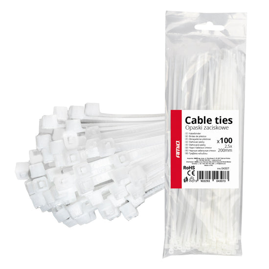 LOT DE 100 COLLIERS DE SERRAGE BLANCS 2,5 × 200 MM AMIO