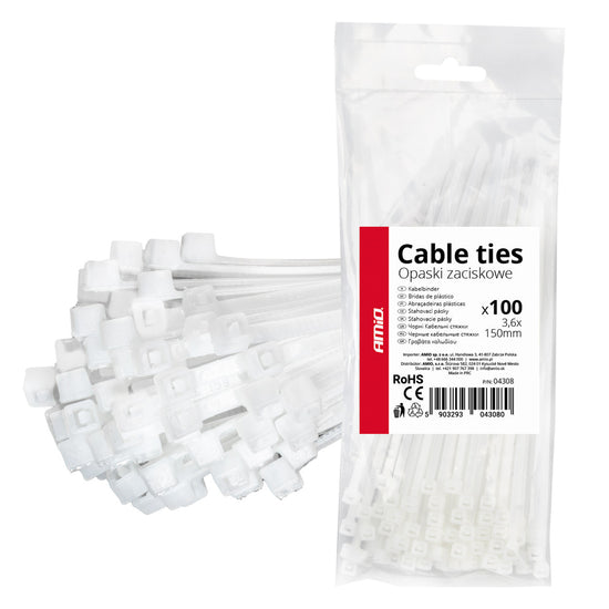 LOT DE 100 COLLIERS DE SERRAGE BLANCS 3,6 × 150 MM AMIO