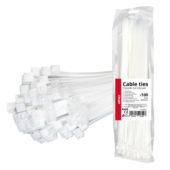 LOT DE 100 COLLIERS DE SERRAGE BLANCS 3,6 × 300 MM AMIO