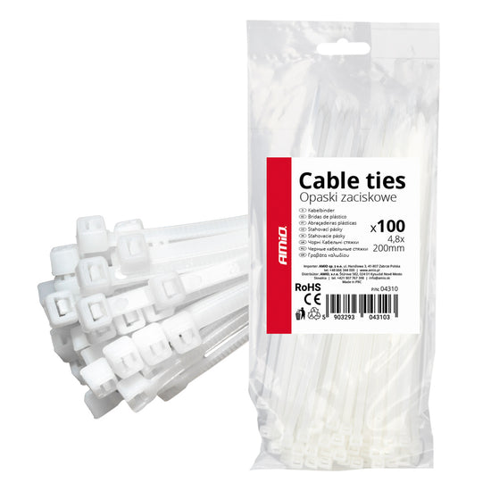LOT DE 100 COLLIERS DE SERRAGE BLANCS 4,8 × 200 MM AMIO