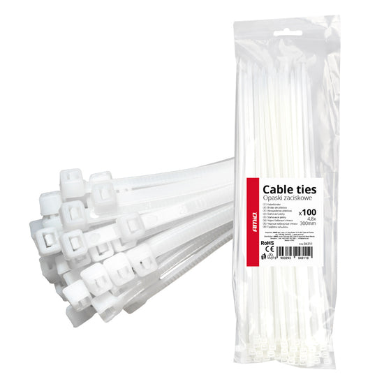 LOT DE 100 COLLIERS DE SERRAGE BLANCS 4,8 × 300 MM AMIO
