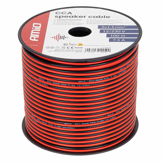 BOBINE CÂBLE HAUT-PARLEUR DEUX CONDUCTEURS CCA 2X1.5MM2 100M 7.5A AMIO