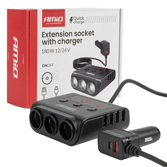 MULTIPRISE ALLUME-CIGARE TRIPLE + 4XUSB + USB-C 180W AMIO