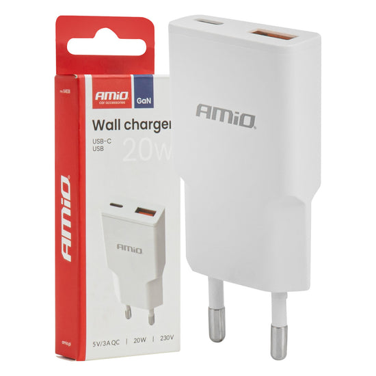 CHARGEUR MURAL FIN 20W USB ET USB-C AMIO