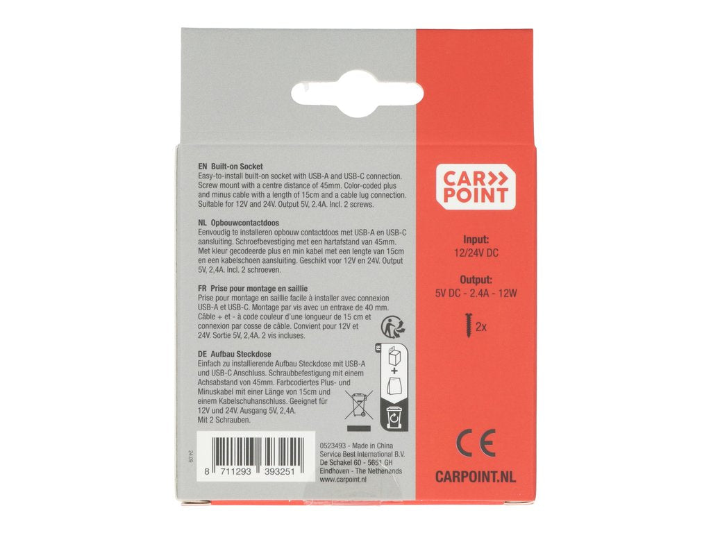 PRISE POUR MONTAGE EN SAILLIE USB-A + USB-C 12/24V