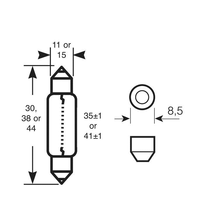 1 AMPOULE 12V 5W S8.5D 11X38MM (BOITE) (POUR BU180) RING