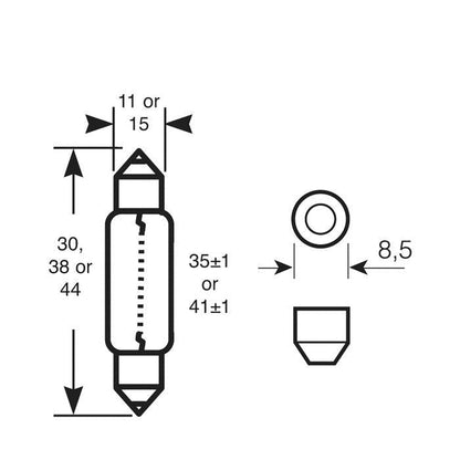 1 AMPOULE 12V 5W S8.5D 11X38MM (BOITE) (POUR BU180) RING