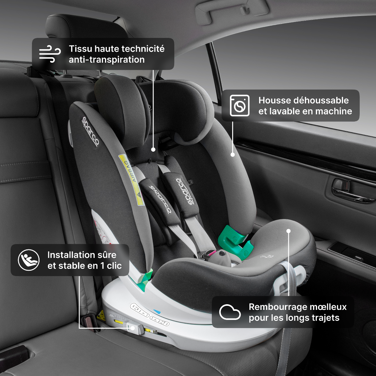 SIEGE ENFANT ROTATIF 360° SPARCO ISIZE 40-150CM ECE R129/03 ISOFIX z