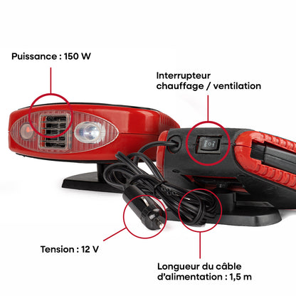 CHAUFFAGE DEGIVRANT/ VENTILATEUR AVEC POIGNEE ET LUMIERE 12V AMIO