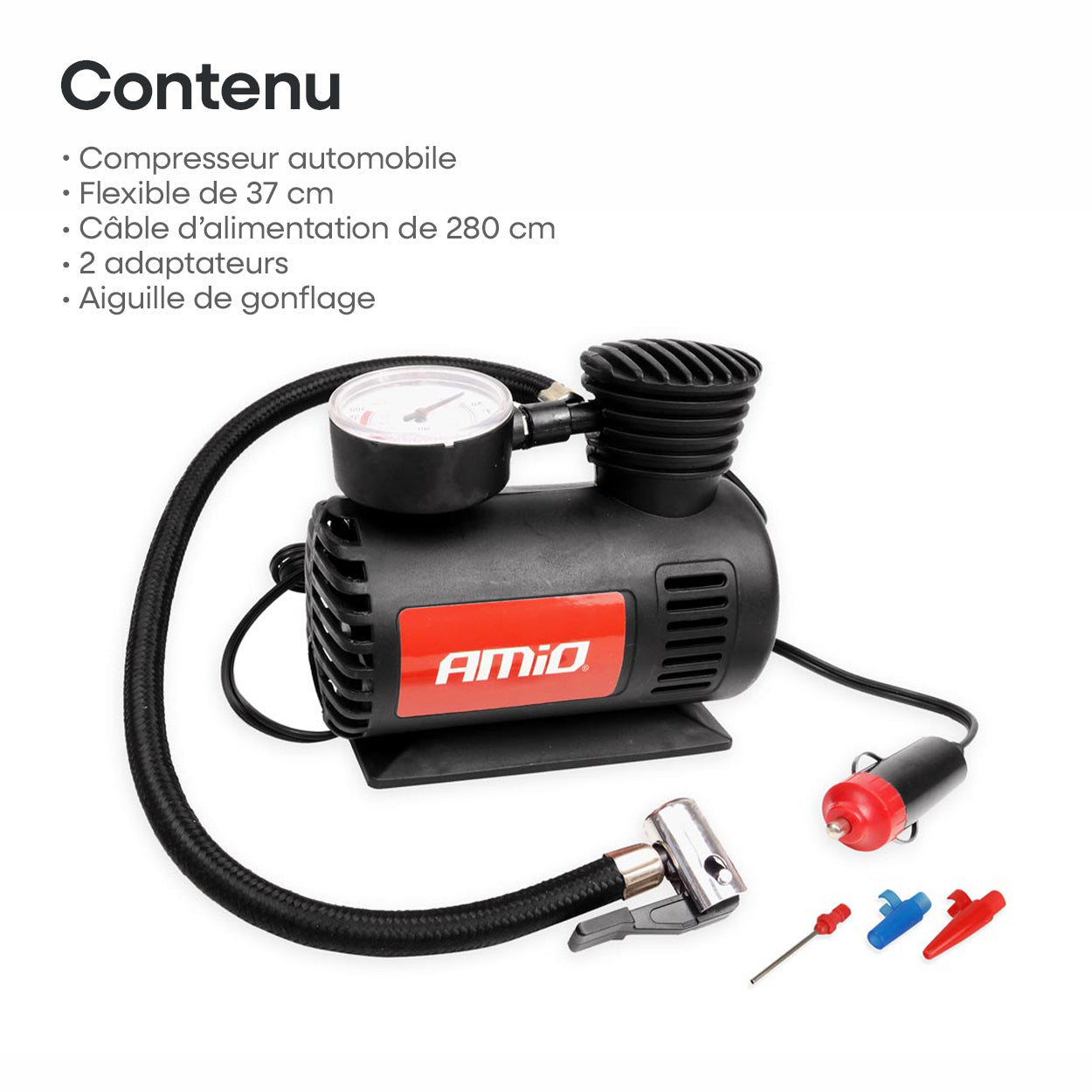 COMPRESSEUR D'AIR GONFLEUR 12V AVEC EMBOUTS AMIO