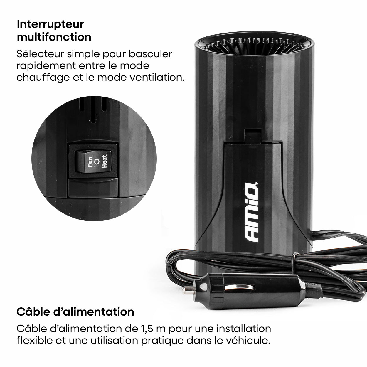 CHAUFFAGE, DEGIVRANT 12V 150W AMOVIBLE SUR PIED OU FIXE DANS PORTE-GOBELET AMIO