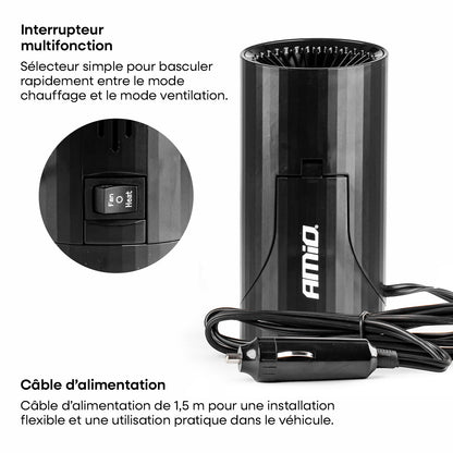 CHAUFFAGE, DEGIVRANT 12V 150W AMOVIBLE SUR PIED OU FIXE DANS PORTE-GOBELET AMIO