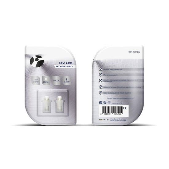 AMPOULES LED X 2   T10 W5W 4LED 3MM BLANC 12V   0,50W