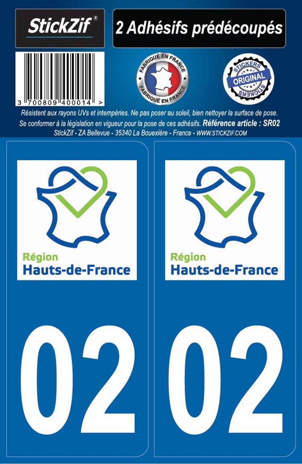 2 ADHESIFS  REGION  DEPARTEMENT 02 HAUTS DE FRANCE